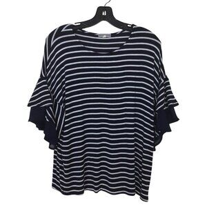 Pleione Top Women’s M Medium Navy Blue White Striped Short Sleeve Blouse Shirt